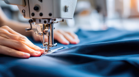 A close-up view of hands skillfully operating a sewing machine on a beautiful blue fabric, capturing the artistry and craftsmanship involved in sewing.の素材
