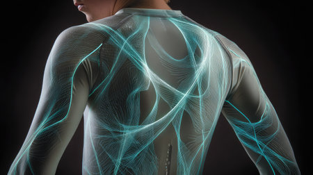This image showcases a model wearing futuristic athletic apparel featuring dynamic light patterns, emphasizing movement and innovation in sportswear design.の素材