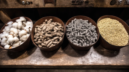 This image showcases a rustic arrangement of natural fibers and materials displayed in wooden bowls, perfect for concepts related to sustainability, agriculture, and textile art.の素材