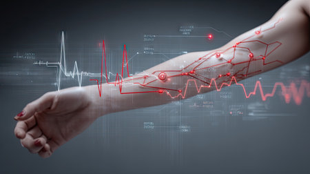 This image showcases a futuristic depiction of health monitoring featuring a human arm with data visualizations and heartbeat lines, symbolizing innovation in healthcare.の素材