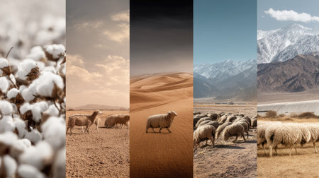 This captivating image showcases a series of scenic landscapes featuring cotton fields, grazing sheep, towering mountains, and rolling desert dunes. The tranquil colors blend harmoniously, creating a peaceful atmosphere perfect for showcasing nature's beauty.の素材