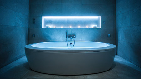 This image features a modern, elegant bathtub illuminated by soft blue light, creating a serene and luxurious bathroom atmosphere ideal for relaxation.の素材