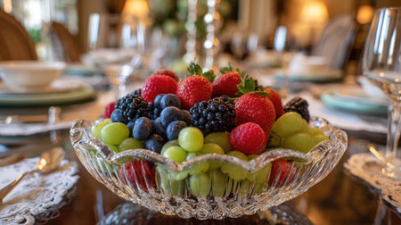 A beautiful and inviting arrangement of fresh fruit featuring strawberries, blueberries, and grapes presented in an elegant crystal bowl on a dining table, perfect for any gathering or celebration.の素材