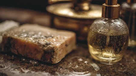 Captivating image showcasing natural soap and essential oil bottle set against a rustic background, evoking a serene atmosphere perfect for spa or wellness settings.の素材