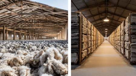 This image showcases a vast storage warehouse with piles of raw wool on one side and organized bales on shelves on the other, highlighting the textile industryの素材