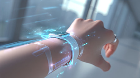 This conceptual image showcases a futuristic smartwatch displaying advanced technology on a personの素材