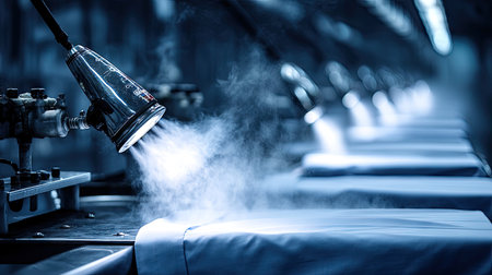 A captivating industrial scene showcasing steam ironing on textiles in a workshop, emphasizing the interaction of machinery and fabric with bright lighting.の素材