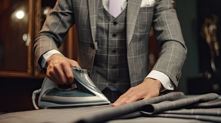A well-dressed man in a tailored suit carefully irons a gray fabric, showcasing attention to detail and professionalism in a stylish indoor setting.の素材
