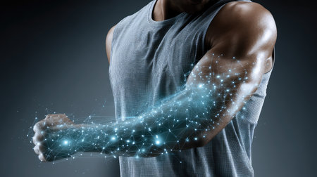 This striking image features a human arm intertwined with glowing data and network elements, symbolizing the fusion of technology and physical fitness. The dark background enhances the futuristic aesthetic, making it a perfect representation of innovative progress.の素材