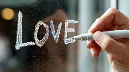 A close-up image capturing a hand writing the word "love" on a window with a white marker. The soft focus background enhances the romantic sentiment.の素材