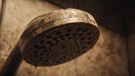 This image captures a close-up view of water cascading from a dirty showerhead, showcasing mineral deposits and rust, evoking themes of cleanliness and home maintenance.の素材