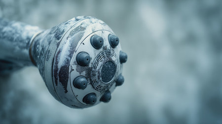 This image features a close-up view of a vintage showerhead showcasing its unique design and textured surface, perfect for home improvement contexts.の素材