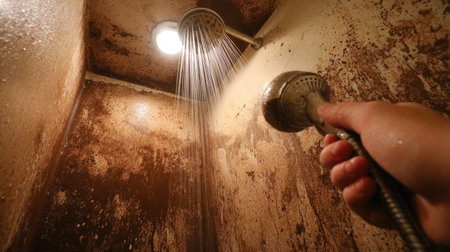 A close-up shot of a shower head releasing water in a dirty shower stall, showcasing grime and dirt on the walls. This image highlights the contrast between water and unclean surfaces, emphasizing hygiene and daily routines.の素材