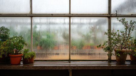 The image captures a tranquil moment inside a greenhouse, showcasing raindrops on a foggy window adorned with lush potted plants, evoking a sense of peace and connection with nature.の素材