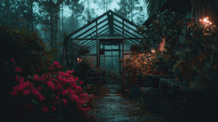 A serene glasshouse enveloped in mist captures the essence of tranquility, showcasing vibrant flowers and lush plants in a quiet, atmospheric setting.の素材
