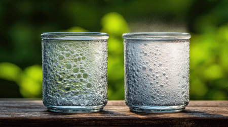 Two glasses of cold water sit on a wooden surface, showcasing droplets of condensation. Surrounded by vibrant greenery, this scene evokes freshness and relaxation.の素材