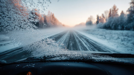 A captivating view through a frosted windshield captures a remote winter road surrounded by serene landscapes, evoking feelings of adventure and tranquility.の素材