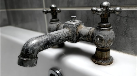 This close-up image captures a vintage metal faucet featuring a rustic design, showcasing details of wear and corrosion, ideal for plumbing and renovation projects.の素材