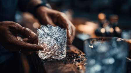 A close-up image showcasing hands placing ice cubes into an elegant crystal glass, highlighting the artisanal process of cocktail preparation in a cozy setting.の素材