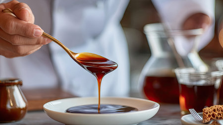 A chef skillfully pours rich dark syrup onto a white plate, highlighting a delectable gourmet dessert in a cozy kitchen, inviting culinary inspirations.の素材