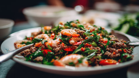 A vibrant plate of shrimp and ground meat stir-fry featuring green vegetables and spicy red chilies, perfect for capturing the essence of home-cooked meals.の素材