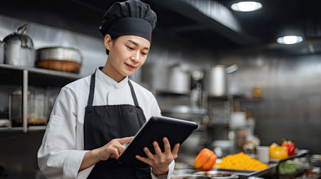 A professional chef is engaged with a tablet in a busy kitchen, managing recipes and ingredients. The environment radiates creativity and efficiency.の素材