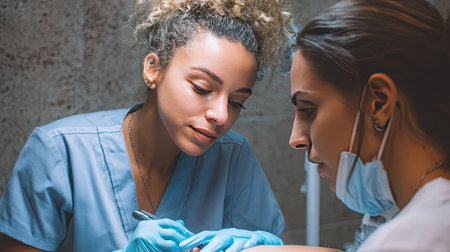 A dedicated professional is providing a personalized nail treatment to a client in a serene spa setting, emphasizing comfort and attention to detail.の素材
