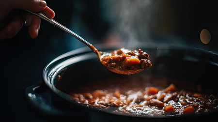 A close-up view of a steaming bowl of hearty stew being served from a slow cooker, capturing the essence of comfort food in a cozy kitchen atmosphere.の素材
