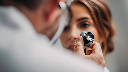 A healthcare professional closely examines a young woman's face using modern medical equipment, highlighting the importance of personal healthcare and attention to detail.の素材