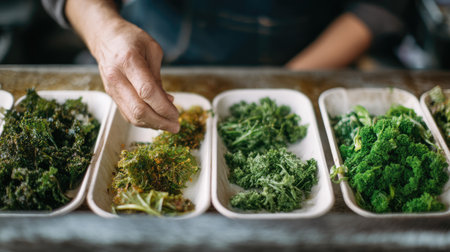 A close-up of a hand selecting fresh green herbs and leafy vegetables at a market stall. The vibrant colors and textures highlight healthy eating.の素材