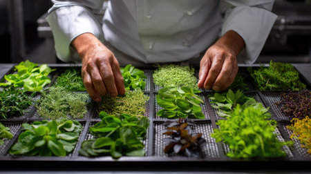 A chef carefully organizes an array of fresh herbs in a kitchen setting, showcasing vibrant greens and aromatic leaves perfect for gourmet recipes.の素材