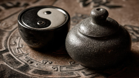 A refined yin yang symbol alongside a round stone jar resting on a beautifully detailed surface, embodying balance and tranquility in design.の素材