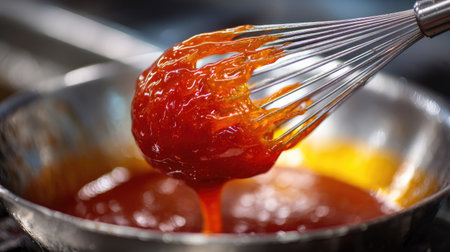 Vivid close-up of a whisk lifting thick, glossy red sauce from a metal bowl, showcasing the cooking process in a vibrant kitchen setting.の素材