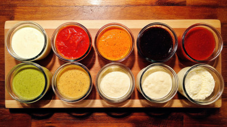 A stunning display of ten artisanal dipping sauces in glass jars arranged on a wooden board, showcasing vibrant colors and diverse flavors perfect for enhancing meals.の素材