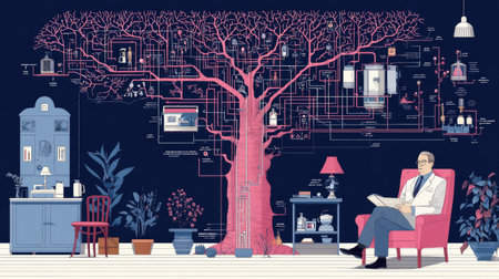 A vibrant illustration featuring a knowledge tree, showcasing intricate data flow, with a scholar enjoying a moment in a cozy study.の素材