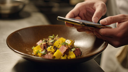 A chef captures a beautifully plated gourmet dish in a restaurant kitchen, showcasing vibrant ingredients and creative food presentation for social sharing.の素材