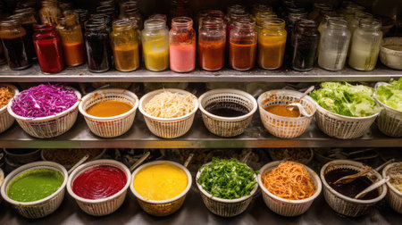 A vibrant assortment of sauces and fresh ingredients showcased in a street food market, inviting food lovers to explore diverse flavors and culinary traditions.の素材