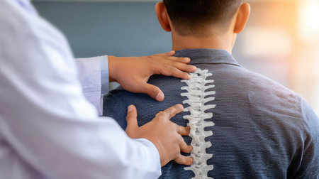 A healthcare professional examines the spine alignment of a patient during a chiropractic consultation, focused on improving well-being and posture.の素材