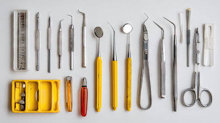 This image showcases a comprehensive collection of dental tools and instruments, featuring various specialized items essential for professional dental care, ensuring optimal hygiene and precision during treatments.の素材