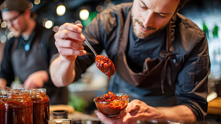 A skilled artisan chef meticulously prepares a flavorful chili condiment in a modern kitchen setting, showcasing culinary creativity and passion for food.の素材
