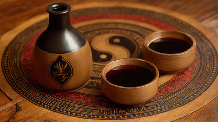 This captivating image features a traditional sake set beautifully arranged on a decorative wooden table, showcasing a harmonious yin yang design and rich warm tones.の素材