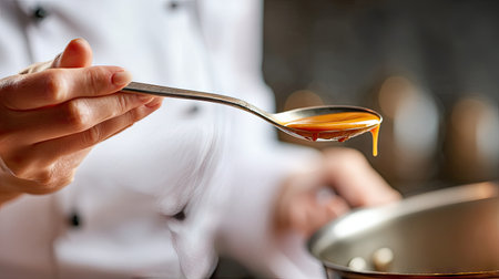 A skilled chef expertly holds a spoon with dripping sauce, capturing the essence of culinary artistry in a kitchen filled with focus and creativity.の素材