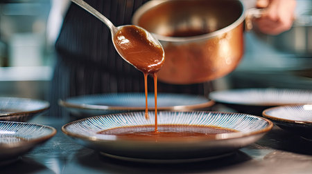 A skilled chef skillfully pours a rich sauce onto a beautifully arranged plate, showcasing culinary artistry in a modern kitchen environment.の素材