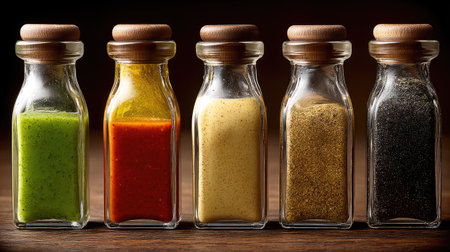 A captivating arrangement of colorful spices and sauces displayed in glass containers, perfect for chefs and food enthusiasts looking for inspiration.の素材
