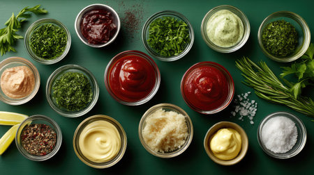 A colorful assortment of fresh herbs and sauces displayed in glass bowls on a vibrant green background, perfect for culinary inspiration and food photography.の素材