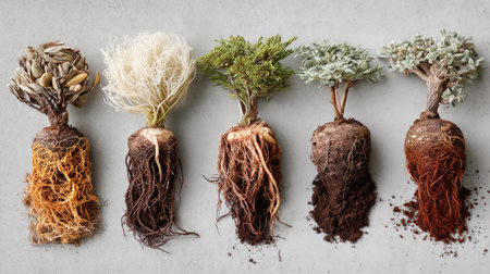 A captivating display showcasing the intricate roots of different plants, each revealing the connection between growth and soil, emphasizing nature's beauty.の素材