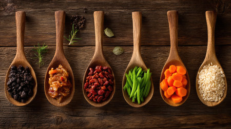 A captivating arrangement of wooden spoons filled with an assortment of colorful ingredients set on a rustic wooden table, perfect for culinary inspiration.の素材
