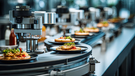 A modern kitchen featuring an automated food preparation system equipped with a conveyor belt, efficiently serving delicious plated meals with precision.の素材