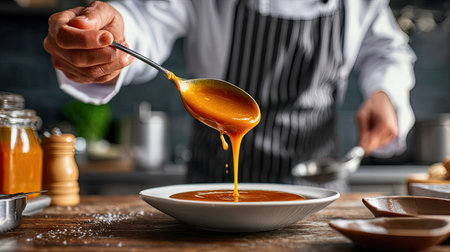 A skilled chef expertly pours a rich golden sauce onto a pristine white plate, highlighting the artistry of culinary presentation in a modern kitchen setting.の素材