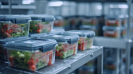 An organized display of clear meal containers filled with fresh salads and vegetables, showcasing a modern kitchen setup perfect for food preparation and healthy eating.の素材